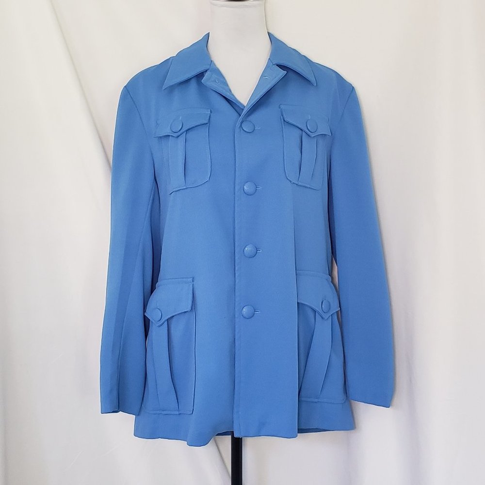 Vintage 70s Cirulean Blue Comfy Polyester Handmade Blazer Jacket, Size Large